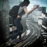 giantess collage city brunette asian street skateboard backpack kyojingirls