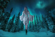 giantess collage blonde long_hair clothed dress snow forest night stars looking_away onlooker northern_lights sfxhh3
