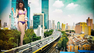 giantess collage city swimsuit high_heels helicopter brunette asian looking_down road kyojingirls