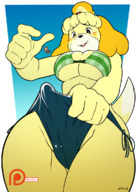 drawing giantess panties furry blushing color large_breasts swimsuit cleavage shrunken_man isabelle animal_crossing mayor spokle