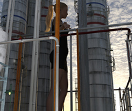 gentle giantess blonde long_hair clothed ponytail shorts standing runswithferrets top dialogue oil_refinery digital_render onlooker