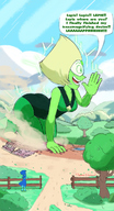 drawing giantess blonde color destruction blue_hair crawling blue_skin farm barn outdoors dialogue green_skin steven_universe lapis_lazuli peridot cartoon_network