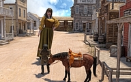long_hair clothed brunette dress horse mini_giantess town looking_down standing digital_render western big-elsa