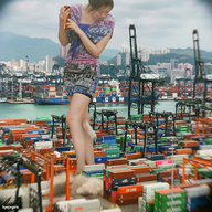 giantess collage destruction handheld brunette asian looking_down falling shipping_containers kyojingirls shipping_terminal