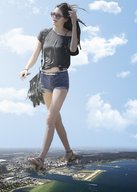 giantess collage city mega black_hair long_hair destruction clothed buildings sandals shorts walking sunglasses purse shirt