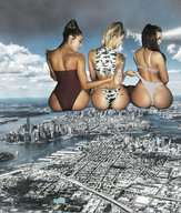 collage city mega blonde long_hair butt swimsuit buildings brunette sitting women tattoo looking_back new_york_city