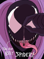 drawing giantess black_hair color long_hair handheld purple_hair asian venom bondage shrunken_woman dangle between_fingers gwen_stacy symbiote spider-man marvel_comics cindy_moon silk caiman2 earth_20052 spider_woman webs