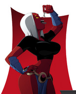 breasts drawing giantess white_hair vore mega color demon raven teen_titans dangle between_fingers top belt hands_on_hips red_skin pinched dc_comics anon ravenravenraven demon_raven