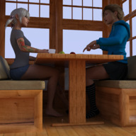 white_hair blonde barefoot skirt socks sitting shorts unaware table shrunken_woman tattoo shirt digital_render sweatshirt sayju