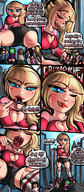 drawing giantess vore city blonde color blue_eyes cleavage blood hard_vore shorts teasing cruel lipstick crowds makeup chewing mspaintgts