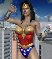 breasts giantess city mega black_hair blue_eyes handheld cleavage between_fingers wonder_woman leotard bracelet tiara pinched looking_at_tiny digital_render dc_comics roodedude