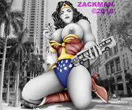 drawing nipples city mega monochrome black_hair color large_breasts long_hair handheld cleavage buildings boots kneeling costume wonder_woman leotard dc_comics zackman