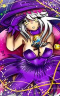 breasts drawing giantess white_hair color cleavage goddess yellow_eyes knight witch between_breasts megami-majou
