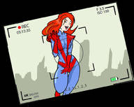 breasts drawing giantess color playful posing gloves red_hair camera skyscraper costume giant_girl inspector97 mary_jane marvel_comics earth_20052 ci0