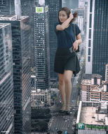 giantess collage city black_hair skirt high_heels buildings asian street walking purse shirt kyojingirls