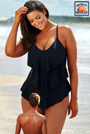 gentle collage long_hair cleavage ocean brunette smiling shrunken_man looking_down size_comparison swimwear squeezemeflat