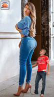 collage blonde large_breasts long_hair butt high_heels jeans mini_giantess shrunken_man looking_back squeezemeflat