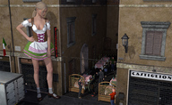 giantess blonde long_hair clothed shoes socks street dress hand looking_down standing onlookers runswithferrets restaurant digital_render