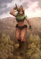drawing giantess color sword bandages angry brunette ponytail muscles abs short_shorts walking belt bare_midriff chrlorez
