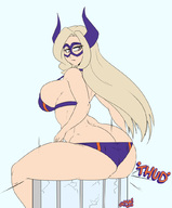 bikini breasts drawing giantess horns mega blonde color butt destruction buildings superhero sitting mask sitting_on_building my_hero_academia mt._lady