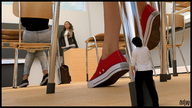 long_hair clothed jeans shoes brunette sitting teacher unaware shrunken_man women desk classroom digital_render up_close starkadhr hair