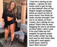 collage long_hair swimsuit clothed high_heels brunette domination sitting shrunken_man standing dialogue squeezemeflat furniture