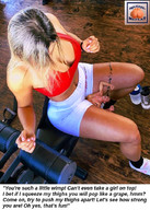 collage blonde long_hair cleavage butt_crush shoes domination shorts shrunken_man naked_man top dialogue squeezemeflat gym water_bottle