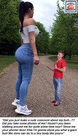 collage black_hair long_hair butt clothed jeans shoes domination park ponytail shrunken_man standing threat size_comparison cellphone dialogue squeezemeflat trail crop_top