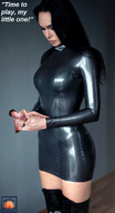 collage black_hair long_hair handheld domination slave bondage shrunken_man looking_down naked_man dialogue squeezemeflat rubber_bodysuit