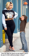 collage blonde barefoot high_heels jeans domination amazon looking_down standing shirt hoodie dialogue squeezemeflat bare_midriff