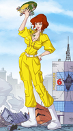 breasts drawing giantess color destruction handheld rampage cleavage playful blimp red_hair boots watch cartoon new_york_city belt jumpsuit hands_on_hips teenage_mutant_ninja_turtles reporter april_oneil angelgts turtle