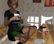 gentle blonde clothed skirt high_heels cake sitting shrunken_man standing runswithferrets shirt coffee_cup digital_render
