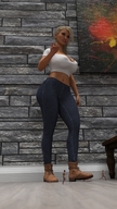 blonde large_breasts long_hair handheld cleavage jeans blood domination ponytail boots shrunken_men navel foot_crush standing shirt digital_render amgipi bare_midriff