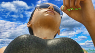 long_hair cleavage wet brunette sweat shrunken_man sunglasses manicure jogging sports_bra digital_render johnnyscribe between_breasts