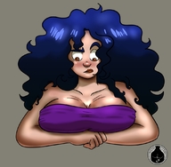 drawing micro color large_breasts cleavage blue_hair shrunken_man looking_down looking_at_tiny entrecoxas