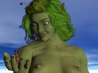 breasts nipples giantess nude alien handheld green_hair smallfrye green_skin digital_render antennae seagull