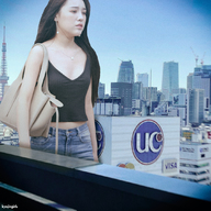 gentle giantess collage city black_hair long_hair clothed cleavage buildings jeans asian purse top kyojingirls