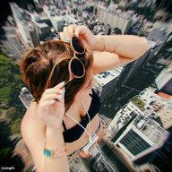 bikini giantess collage city long_hair barefoot cleavage buildings brunette asian sunglasses standing point_of_view kyojingirls