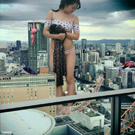 breasts giantess collage panties city mega black_hair bra buildings asian dress looking_down standing undressing discarded_clothing kyojingirls