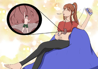 drawing giantess vore color clothed barefoot red_hair shrunken_man stomach_acid internal_view satay