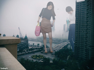 giantess collage city black_hair long_hair clothed buildings asian looking_down women standing purse kyojingirls