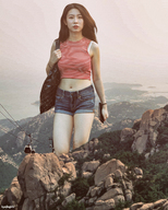 collage mega black_hair long_hair clothed asian navel shorts walking mountains purse cellphone top cable_car bare_midriff kyojingirls