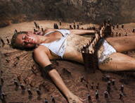 bikini giantess collage long_hair bridge clothed brunette domination lying_down bondage unaware rope lilliputians kkerlan