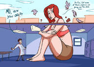 breasts drawing growth giantess mega color long_hair butt destruction barefoot cleavage buildings outgrowing_building couple red_hair sitting shorts scientist freckles dialogue lab_coat sports_bra laboratory mary_jane bare_legs spider-man marvel_comics bare_midriff caiman2 earth_20052 peter_parker