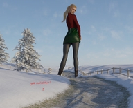 gentle giantess blonde long_hair clothed skirt ponytail leggings boots snow standing sweater runswithferrets looking_back road fence digital_render pine_tree