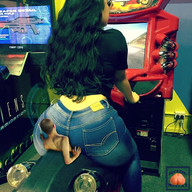collage black_hair long_hair butt butt_crush jeans domination shrunken_man naked_man video_game shirt squeezemeflat