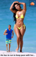 bikini gentle collage black_hair long_hair beach barefoot cleavage wet mini_giantess navel walking running looking_down top squeezemeflat swim_trunks narration