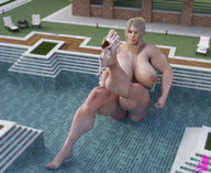 giantess feet blonde huge_breasts red_hair sitting muscles dangle swimming_pool looking_at_tiny digital_render vexille