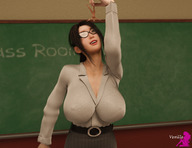 black_hair large_breasts long_hair handheld cleavage skirt glasses teacher shrunken_woman dangle shirt classroom digital_render giantesslovermacro