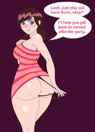 drawing gentle panties color long_hair butt blue_eyes brunette domination shrunken_man naked_man standing looking_back dialogue mini_skirt panty_entrapment screeow